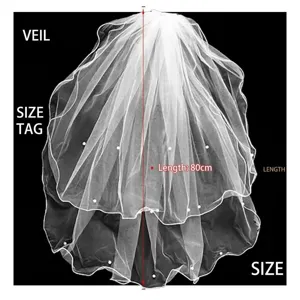 Elegant white two-layer bridal veil with pearls and scalloped edges, 80cm length