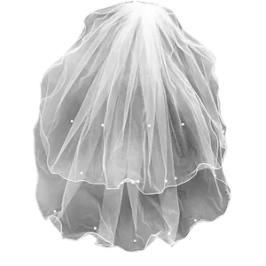 Elegant white short bridal veil with two layers, curled edges and pearl beads decoration.