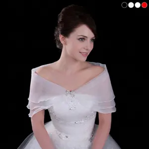Elegant Polyester Rhinestone Bridal Shawl Three Layer Bubble Gauze Wrap Bowknot Buckle Wedding Evening Dress Capes For Women
