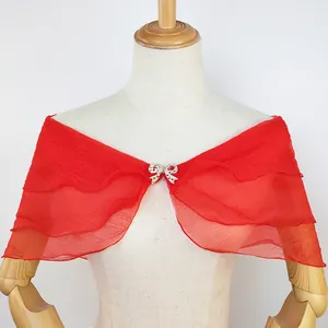 Elegant red three-layer ruffled sheer bridal shawl with sparkling bow brooch detail