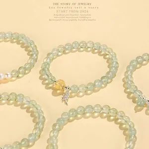 Elegant handmade prehnite and freshwater pearl beaded bracelets with leaf charms