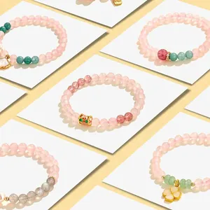Braccialetti di perline di quarzo rosa con cristallo fragola e quadrifoglio per donna