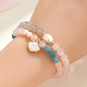 Bracciale di perle a doppio strato con perle d'acqua dolce, quarzo rosa e ciondolo a conchiglia