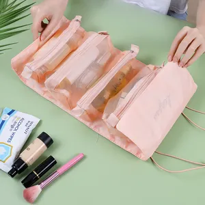 Pink 4-in-1 detachable mesh cosmetic bag set with large capacity and drawstring closure