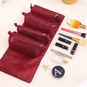 Detachable 4-in-1 burgundy mesh makeup bag for travel organization and storage