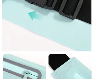 Close-up details of mint green sports waist bag showing buckle, reflective zipper and strap