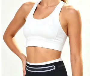 Detailed view of a white sports bra paired with a black waterproof running belt waist bag