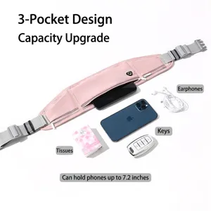 Slim pink elastic running waist bag with 3 compartments shown with phone and accessories