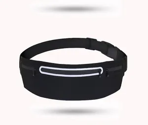 High-quality close-up of slim black sports waist bag featuring a reflective safety strip