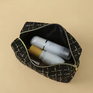 Elegant black tweed cosmetic bag with gold thread, square makeup organizer for travel