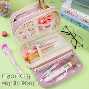 Große lila Federtasche mit mehreren Schichten, transparentem Fenster und Netztaschen