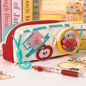 Large capacity canvas pencil case with creative drawstring and clear pocket design