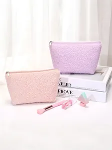 Grote make-uptas van lams wol draagbare reis toilettas set in roze en paars