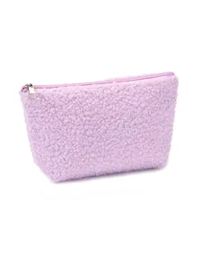 Zachte paarse sherpa fleece cosmetische tas met zilveren ritssluiting voor op reis