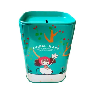 Hucha cuadrada de hojalata con ilustración de dibujos animados para niños