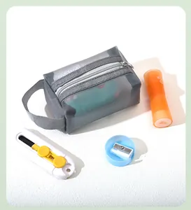 Close-up of grey nylon mesh storage pouch showing translucent texture and zipper