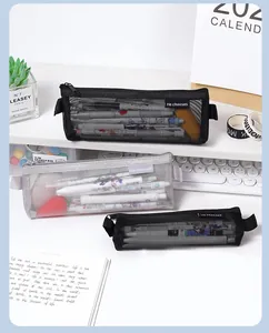 Detail showing a transparent nylon mesh pencil pouch with zipper for stationery storage