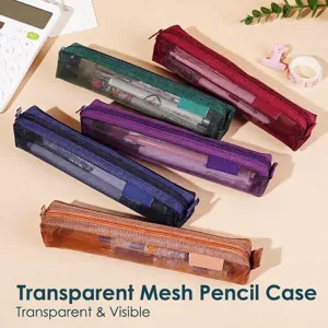 Retro Nylon Mesh Pencil Case Transparent Mini Square Stationery Bag Portable Multi-functional Student Exam Storage Pouch