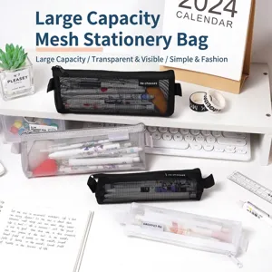 Minimalist Transparent Mesh Pencil Case Nylon Stationery Storage Bag For Students Office School Multi-function Zipper Pouch