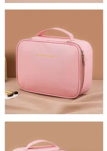 Detailed macro view of pink waterproof cosmetic bag with golden text and top handle