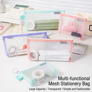 Nylon Mesh Storage Bag Semi-Transparent Color Block Makeup Bag Portable Travel Stationery Pouch Zipper Toiletry Organizer
