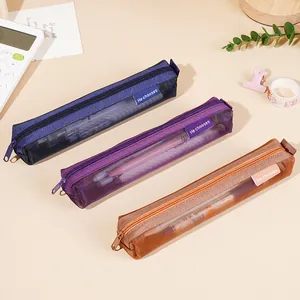 Set of three vintage-style portable mesh pencil cases in blue, purple, and orange color