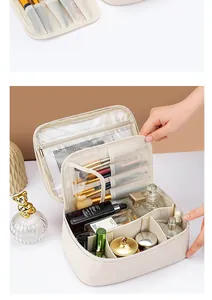 Interior detail of a large capacity makeup bag with brushes and cosmetics organized in compartments