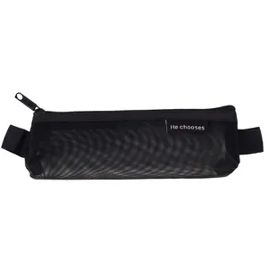 Astuccio per matite minimalista in rete nera trasparente con pratica chiusura a zip