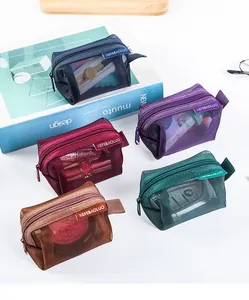 Detail view of colorful mini 3D mesh storage bags with zippers for small essentials
