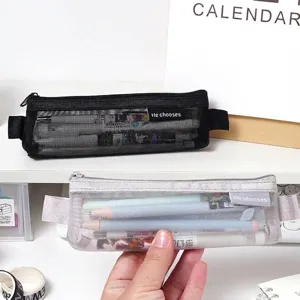 Minimalist transparent mesh pencil pouch with large capacity for student stationery storage