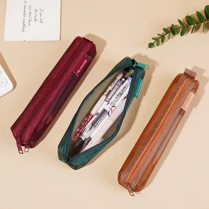 Three retro color mesh pencil cases for students with portable zipper and square design