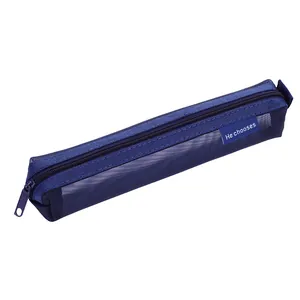Portable mini blue mesh pencil case with rectangular design for students and office use