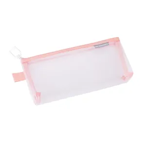 Minimalist pink trim semi-transparent mesh nylon pouch for makeup and stationery items