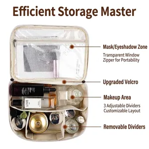 Large capacity waterproof makeup bag with adjustable dividers and clear pockets