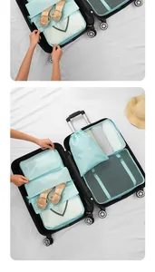 Detailed view of 7-piece light blue travel packing cubes organized inside a suitcase