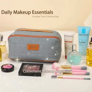 Große Kosmetiktasche mit Webmuster und orangefarbenen Lederakzenten für Reisen und Pflege