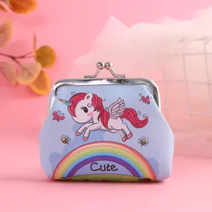 Close-up of a cute blue unicorn cartoon coin purse featuring a metal clasp and rainbow