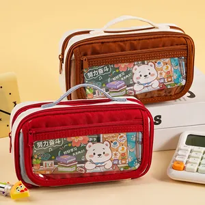 Retro Cartoon Bär Federmäppchen Große Kapazität Mehrschichtig Oxford Stoff Schreibwarentasche Handheld Student Organizer Schulbedarf