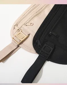 Macro detail of ultra-slim anti-theft travel waist bags in black and beige finishes.