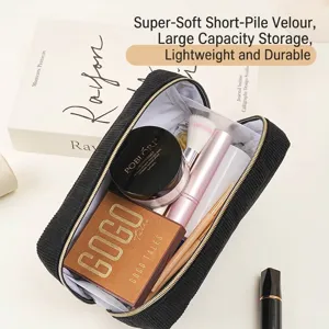Large capacity black corduroy cosmetic bag for portable travel makeup and lipstick storage