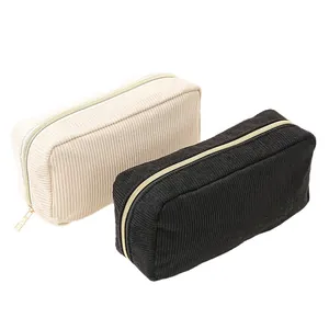 Simple large capacity corduroy cosmetic bags in beige and black for travel storage