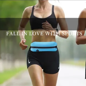 Close-up of slim blue running waist bag for phone and fitness