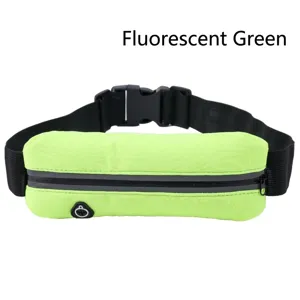 Detailed view of the slim fluorescent green running waist bag with a dedicated earphone port