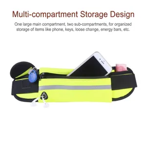 Close-up of neon yellow sports waist bag showing multi-compartment storage details