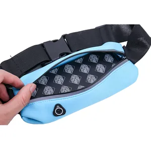 Slim blue waterproof running waist bag with adjustable strap and headphone port