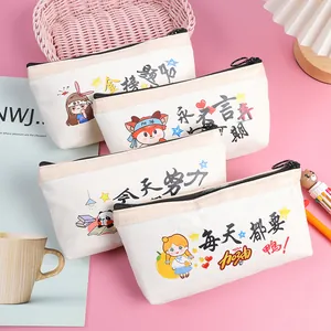 Motivational Canvas Pencil Case Cute Cartoon Student Stationery Bag Zipper Pencil Pouch Desktop Storage Organizer For School Teenagers