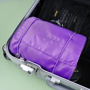 Purple 4-in-1 detachable mesh makeup bag organizer for travel suitcase storage