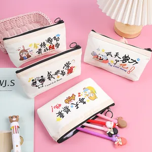 Motivational canvas pencil case with cute cartoon prints and zipper for students