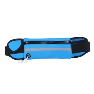 Close-up detail view of a blue sports waist bag featuring earphone jack and reflective strip