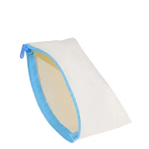 Minimalist white canvas storage pouch with a vibrant blue zipper closure.